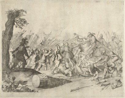 Fight between horsemen and infantry, Willem Basse, 1633 - 1672