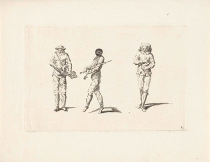 Harlequin and two jesters making music, Anonymous, Gerardus Josephus Xavery, Pieter Schenk (I),