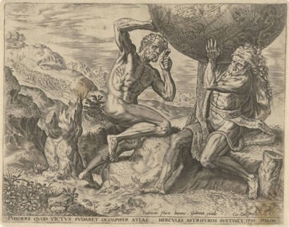 Hercules takes the globe of Atlas and bears him on his shoulder, Atlas before Hercules steal the