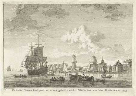 View of Rotterdam from the water, to the right is the new main gate flanked by two stone mills, a