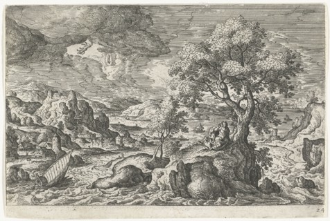 A hermit who in the company of a bird lives on a small island, has a vision, in the sky appear a