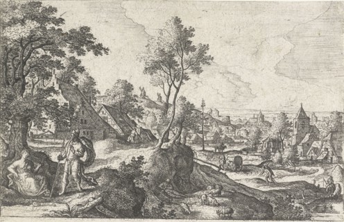 Landscape with traveler and resting woman, Hans Bol, Anonymous, c. 1550 - c. 1650