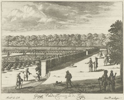 View from the terrace in the garden of Soestdijk Palace, with walking figures, The Netherlands,
