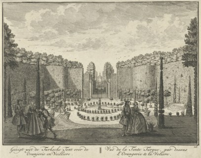 View from the Turkish Tent on the orangery and the aviary in the garden of House ter Meer in