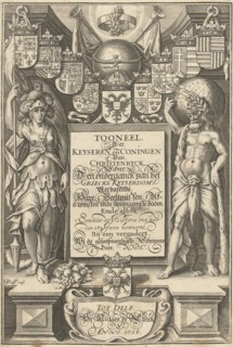 Cartouche with title, flanked by Hercules with celestial globe and Minerva, Upper arms, globe and