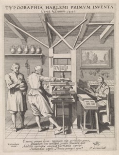 The invention of the printing press by Laurens Jansz. Coster, Haarlem, ca. 1440, interior of a book