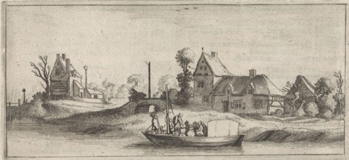 Travelers in a boat on a river, Jan van de Velde (II), Cornelis Willemsz Blaeu-Laken, 1627