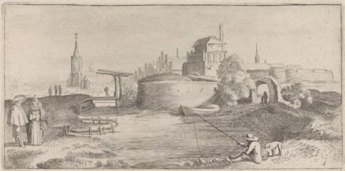 Angler in a fortified city, Jan van de Velde II, 1627