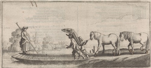 Peddler and two horses on a ferry, Jan van de Velde II, Cornelis Willemsz Blaeu-Laken, 1627