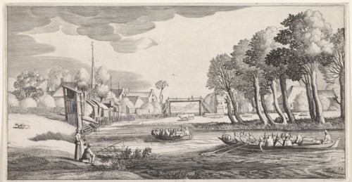 Two rowing boats on a river in a village, print maker: Jan van de Velde II, 1639 - 1641