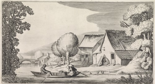 Farmer and his wife in a rowing boat, in the background a stone bridge can be seen, print maker: