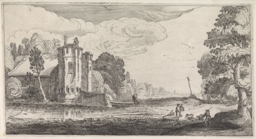 Landscape with Figures near a fortified house with two towers, Jan van de Velde (II), 1639 - 1641