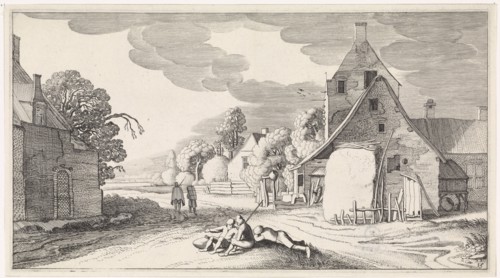 Resting farmers along a road in a village, print maker: Jan van de Velde II, 1639 - 1641