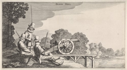 Soldiers with a gun on a dock on a river, Jan van de Velde (II), 1639-1641