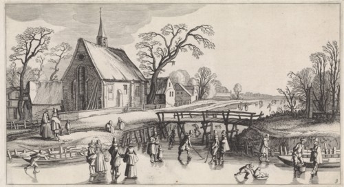 Winter Landscape with Skaters near a village, in the middle a wooden bridge, in the foreground