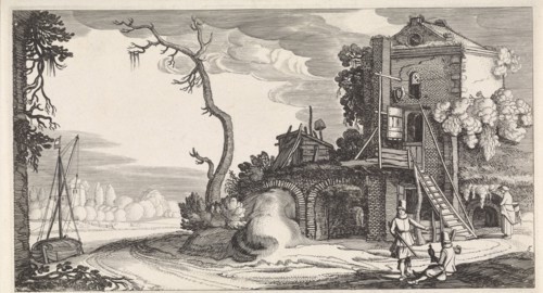 Two falconers in a tower used as an inn, print maker: Jan van de Velde II, 1639 - 1641