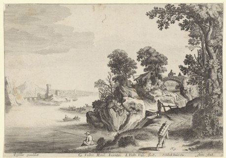 River landscape with travelers on country road, Jan van de Velde (II), Pieter Schenk (II), 1628