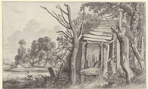 Angler in a dilapidated hut in a landscape, print maker: Jan van de Velde II, Pieter de Molijn,