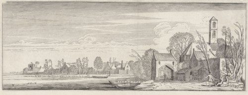 Figures in a village by a lake, Jan van de Velde (II), 1603 - 1641