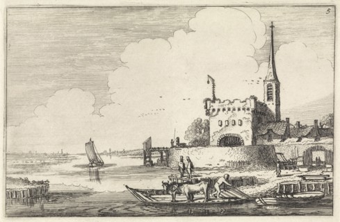 cattle at a fort in a river landscape, Jan van de Velde (II), 1616