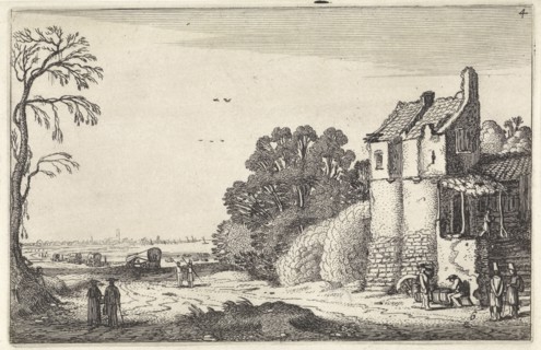 Figures at a house and covered wagons on a country road, Jan van de Velde (II), 1616