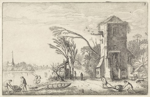 Figures in a winter landscape with a tower, Jan van de Velde (II), 1616