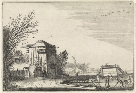 Kolf Players and skaters on the ice near a tower, which is used as a dovecote, print maker: Jan van