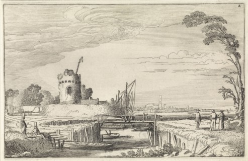 Figures at a harbor and a tower, Jan van de Velde (II), 1616