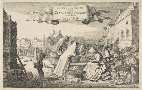 Figures at a vegetable stall at a market, Jan van de Velde (II), 1616