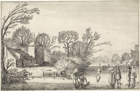 Skating at a farm and a haystack, Jan van de Velde (II), 1616