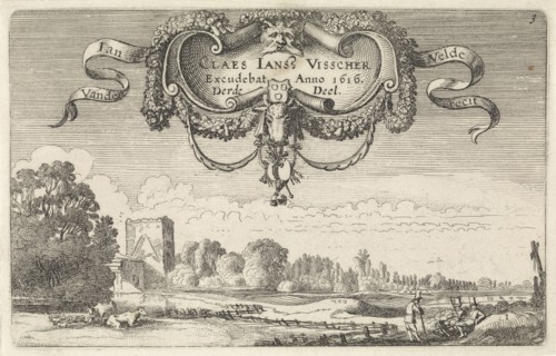 Resting figures in a landscape with cows and a tower, print maker: Jan van de Velde II, Claes Jansz