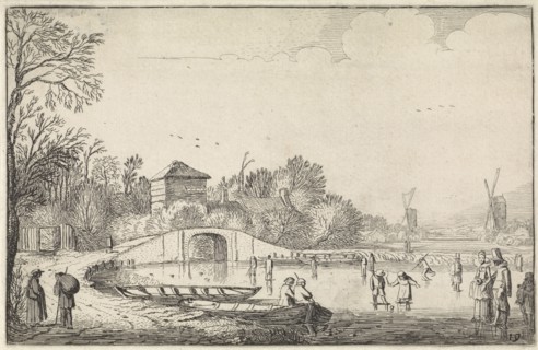 Winter Landscape with Skaters near a bridge, Jan van de Velde (II), 1616