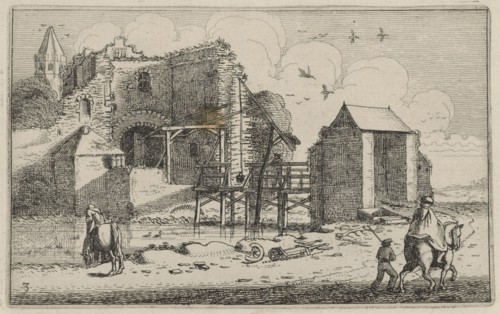Horsemans at a ruined castle with bridge, Jan van de Velde (II), 1616