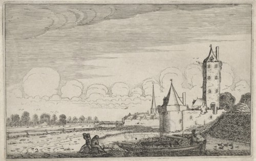 Figures on a boat in a castle, Jan van de Velde (II), 1616
