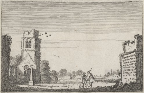 Two figures in a ruined church, Jan van de Velde II, Johannes Janssonius, 1617
