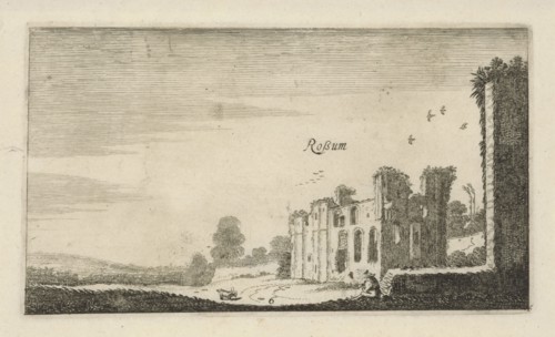 View of the ruined castle Rossum, The Netherlands, Jan van de Velde (II), Robert de Baudous, 1616