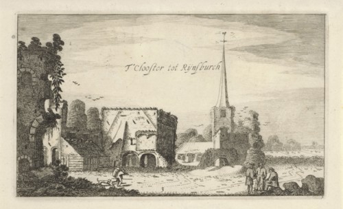 View of the ruins of the Abbey of Rijnsburg, The Netherlands, print maker: Jan van de Velde II,