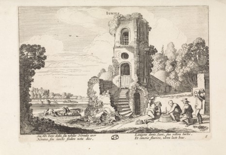 Landscape with a ruined tower: june, print maker: Jan van de Velde II,  Reinier Telle, 1608 - 1618