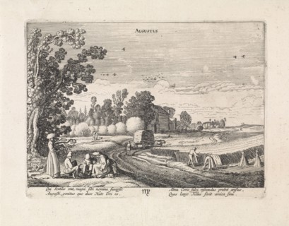 Landscape with corn harvest: august, Jan van de Velde (II), 1608 - 1618
