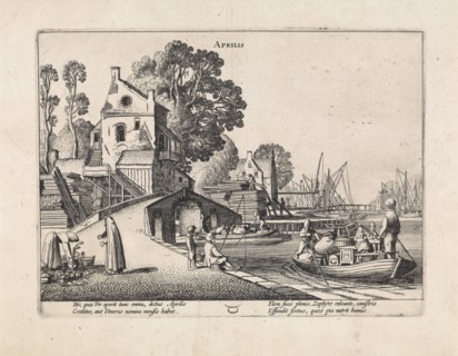 Village with activity on the water, april, Jan van de Velde (II), 1608 - 1618