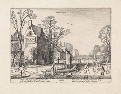 Winter landscape with flask players on the ice: january, The Netherlands, Jan van de Velde (II),