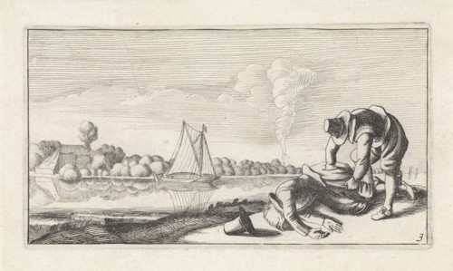 River Landscape with a dead man who robbed, Jan van de Velde (II), Anonymous, Claes Jansz. Visscher