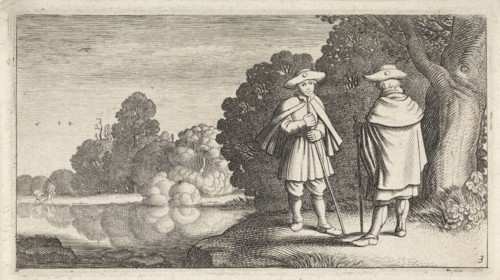 Two pilgrims at a pond, Jan van de Velde (II), Claes Jansz. Visscher (II), 1603 - 1652