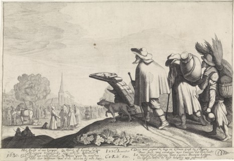 A procession of tramps on the way to the market or fair, the first carries a large rack on the back