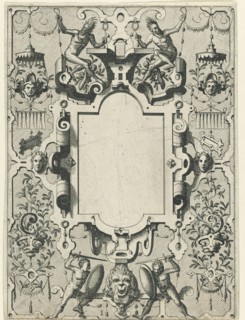 Cartouche in a frame of scroll work with grotesques, Johannes or Lucas van Doetechum, Hans Vredeman