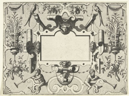 Cartouche surrounded by grotesques, with left and right a basket with flowers, Johannes or Lucas