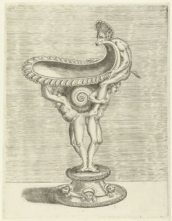 The bowl rests on a cochlea that is sandwiched between the backs of a man and a woman, the woman