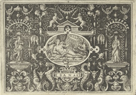 Cartouche with the presentation of Danae, lying on a canopy bed, Jupiter descends on her like a