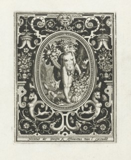 Element earth as a young woman with cornucopia and rosebush in picture frame with ornaments,