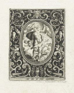 The element of air as a young man standing on clouds with owl on his hand and flying birds behind